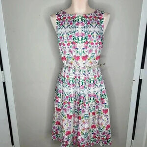 Talbots Blue Pink Falling Floral Rose Fit Flare Pockets  Dress 6 Petite Lovely M